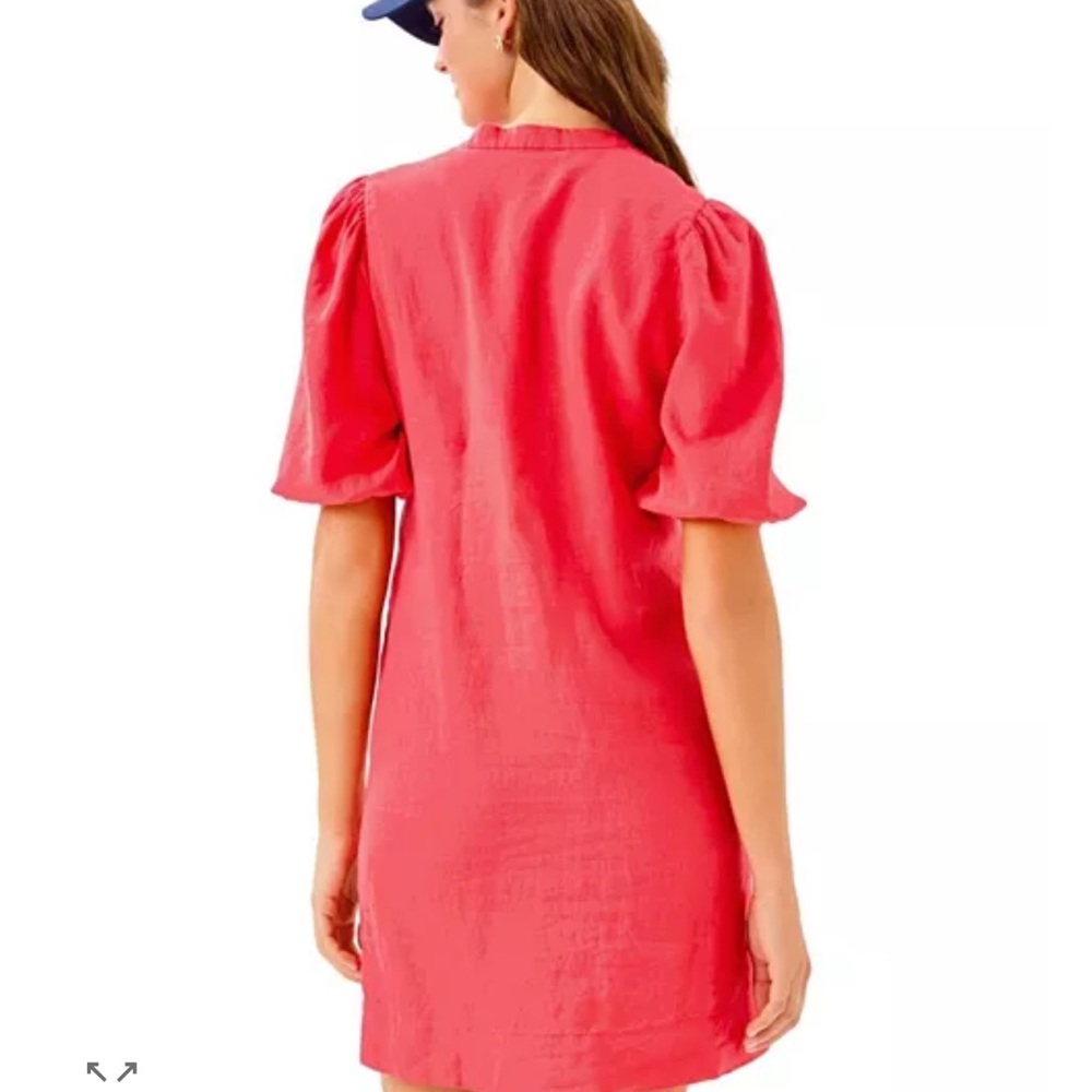 Lilly Pulitzer Mialeigh Linen Puff Sleeve Tunic Dress in Coral - Picture 2 of 6
